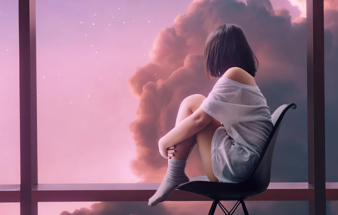 Photo wallpaper the sky, stars, clouds, clouds, mood, window, t-shirt, chair