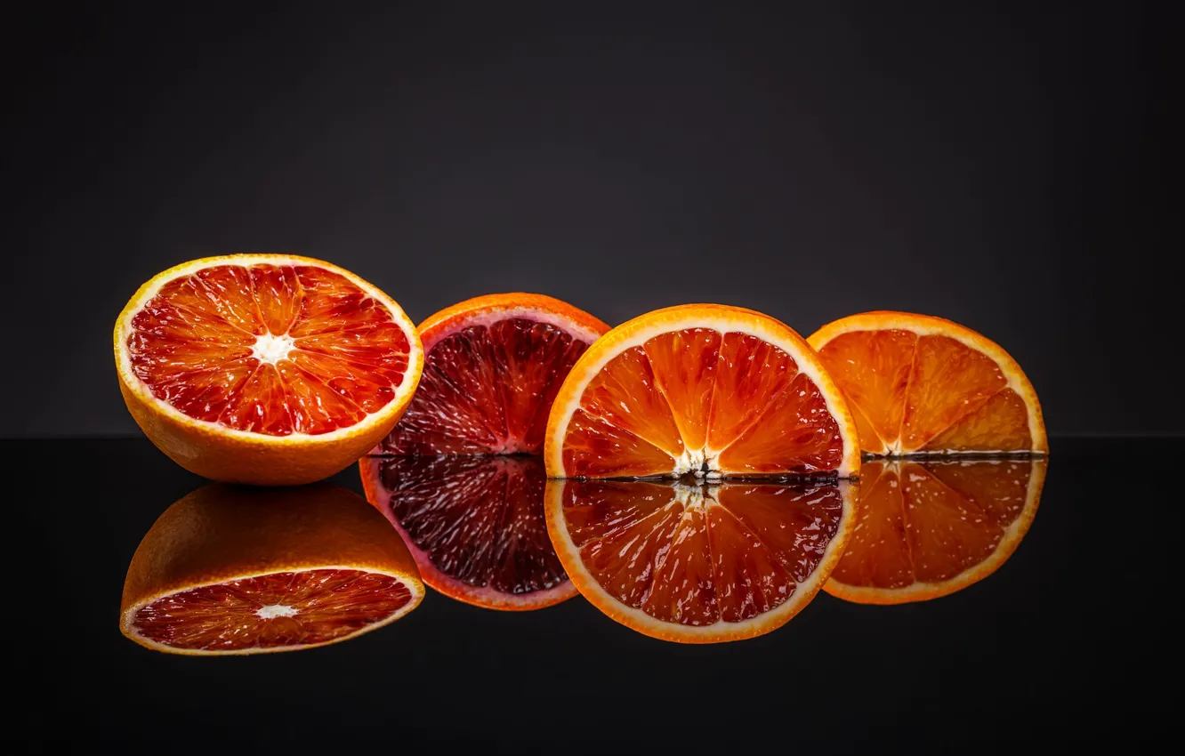 Photo wallpaper reflection, oranges, black background, grapefruit, slices, citrus