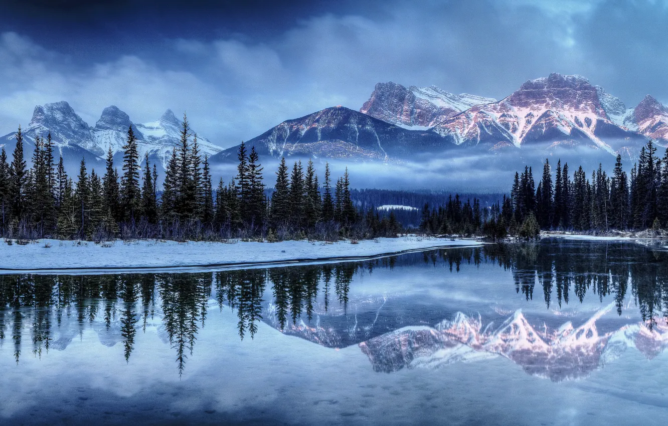 Photo wallpaper winter, forest, snow, mountains, fog, lake, tree, spruce