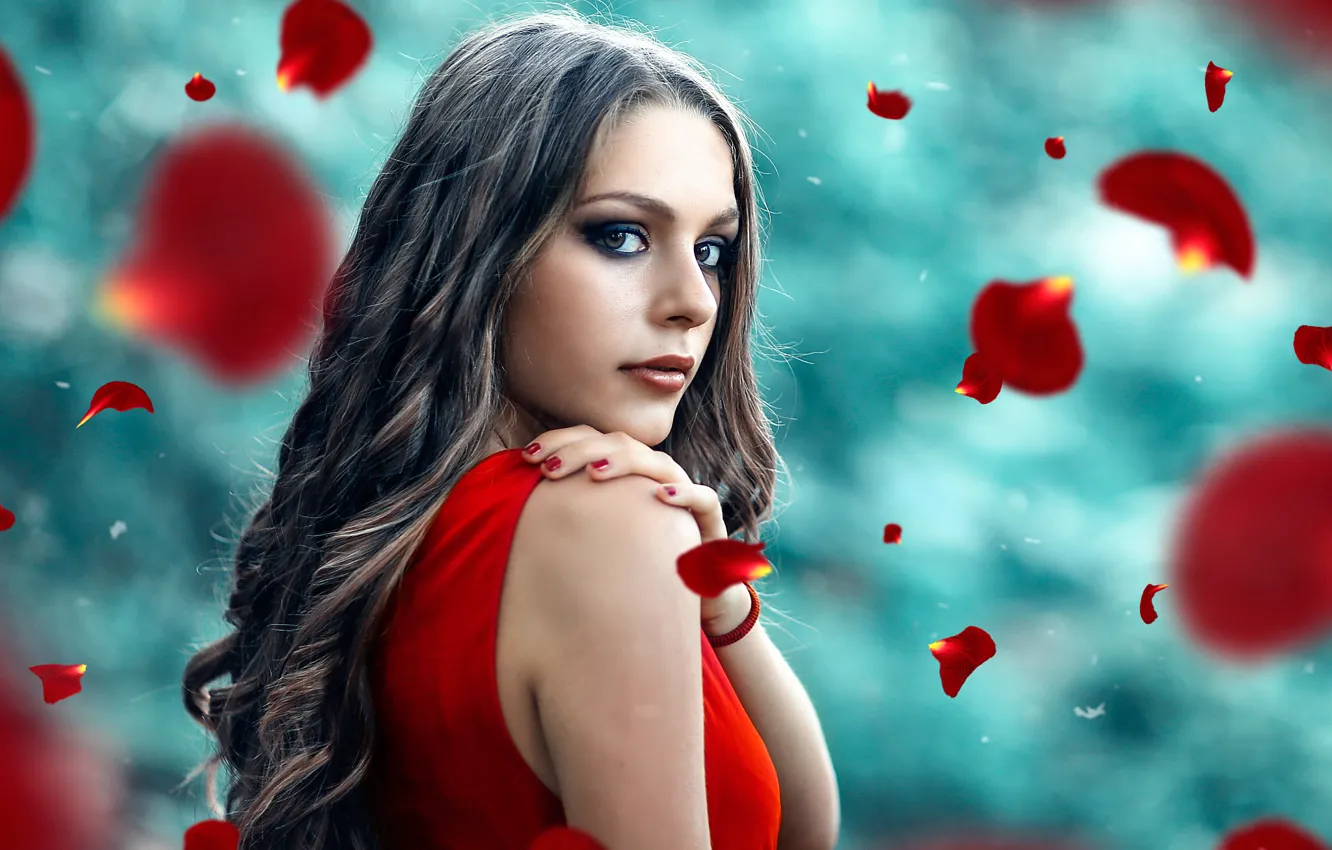 Photo wallpaper girl, petals, Alessandro Di Cicco, Love me, love me not