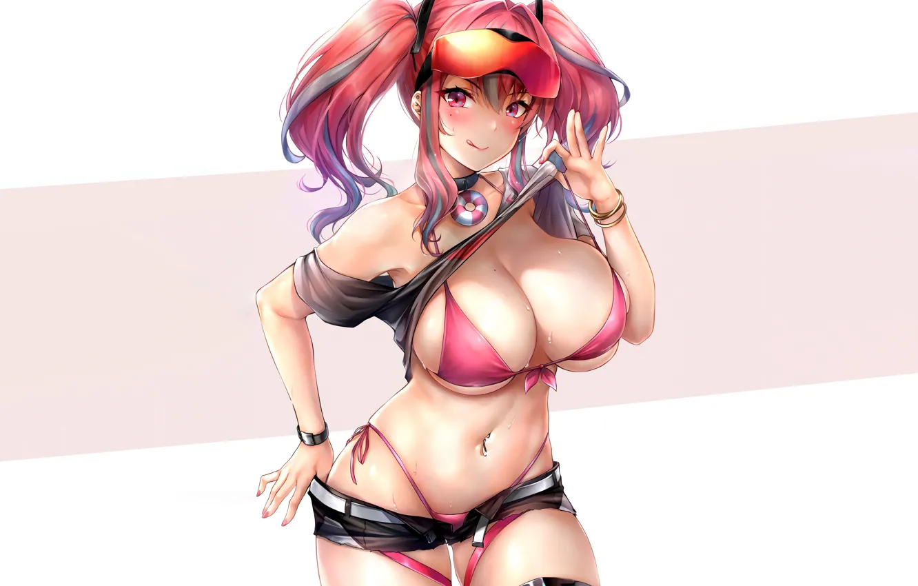 Photo wallpaper girl, sexy, wet, cleavage, shorts, pink hair, long hair, boobs