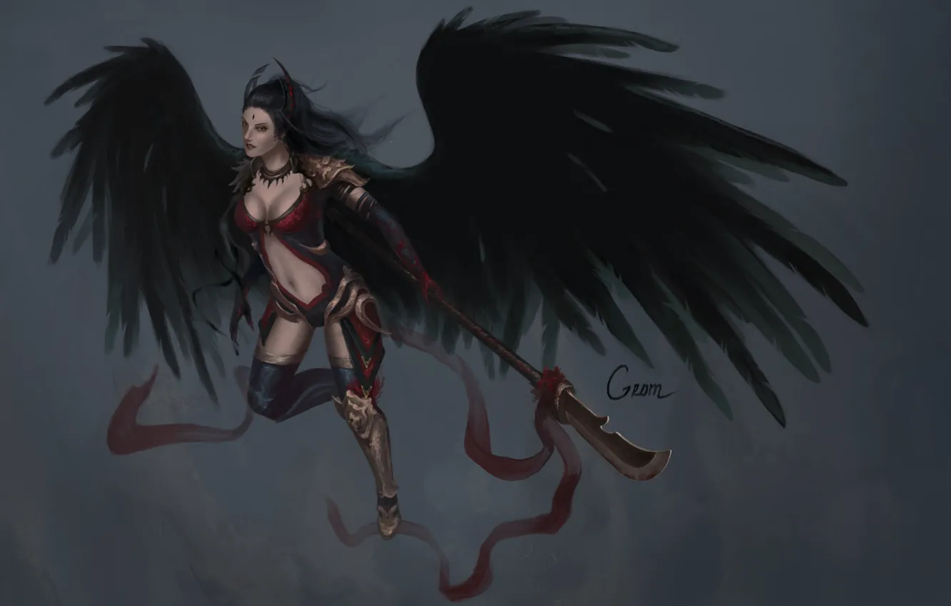 Photo wallpaper look, girl, weapons, background, art, fallen angel, black wings