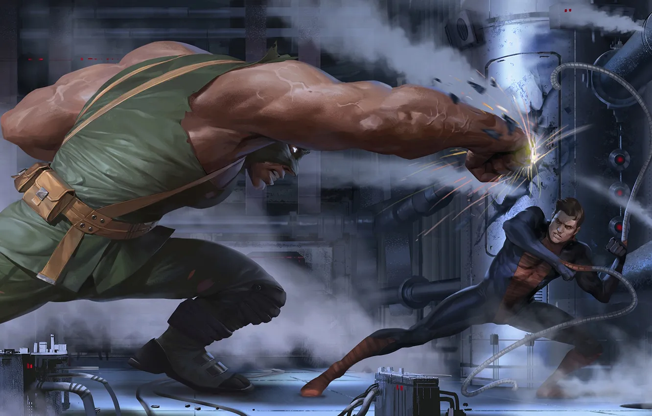 Photo wallpaper hero, sparks, pair, costume, blow, comic, Avengers