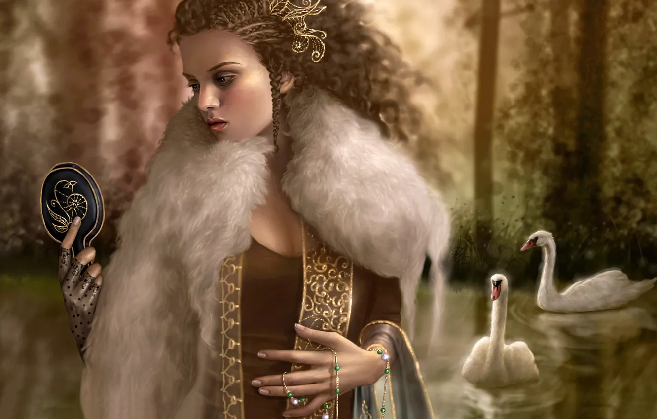 Photo wallpaper girl, fur, swans