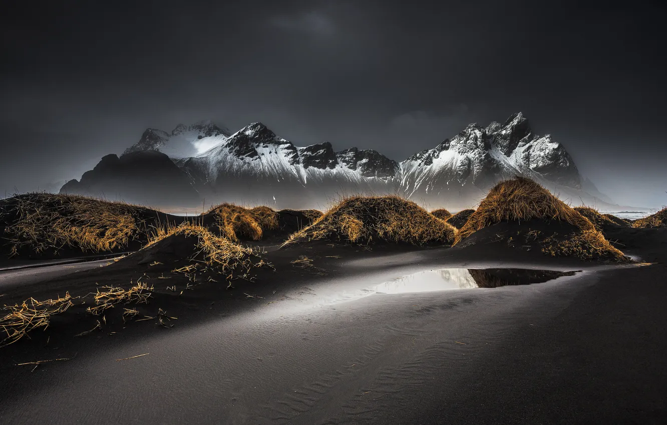 Photo wallpaper grass, mountains, Iceland, Vestrahorn, Stockksness, black sand, dark clouds