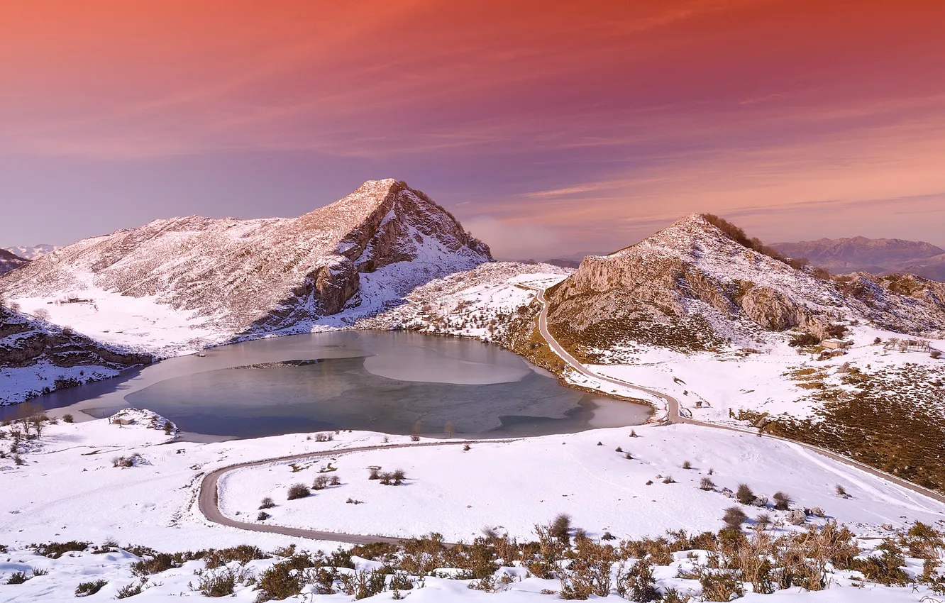 Photo wallpaper winter, mountains, lake, the evening, Spain, province, Asturias, Enol lake