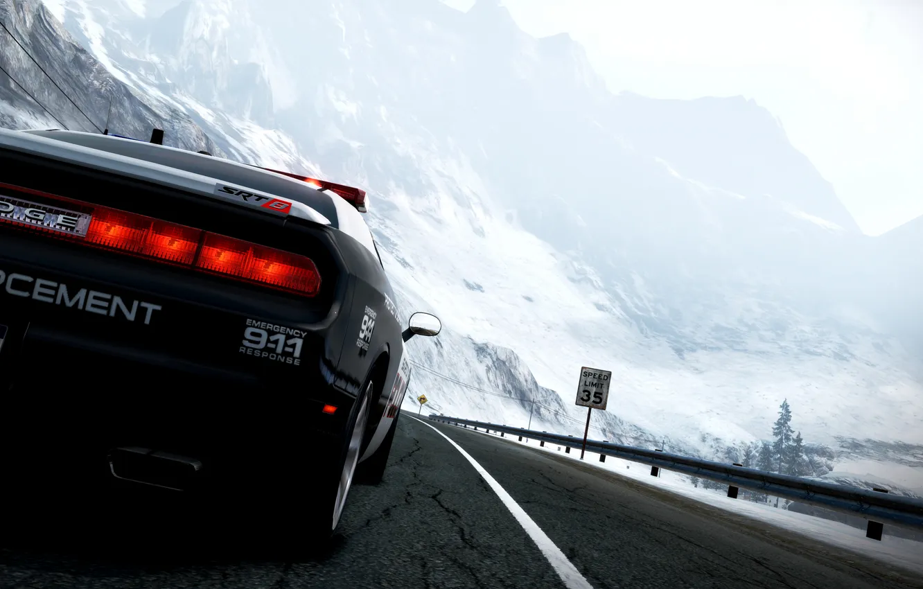 Photo wallpaper road, machine, snow, mountains, police, Need For Speed: Hot Pursuit, stress