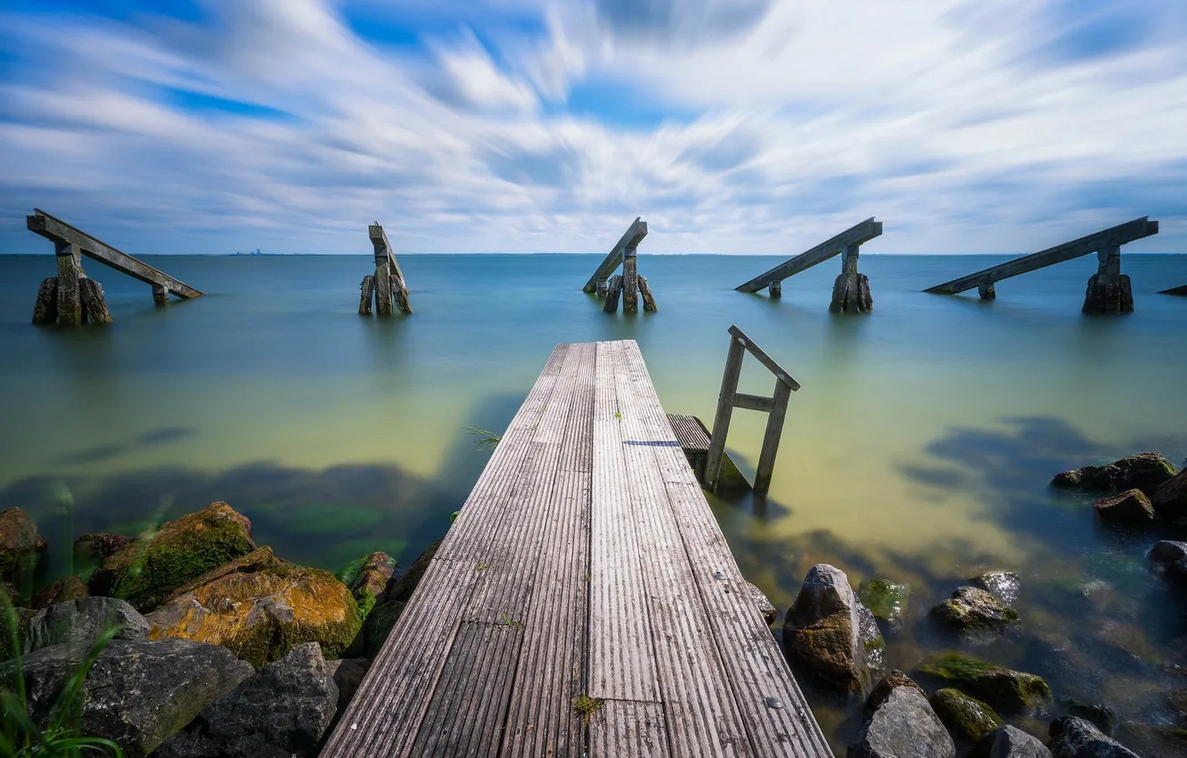 Photo wallpaper bridge, lake, support