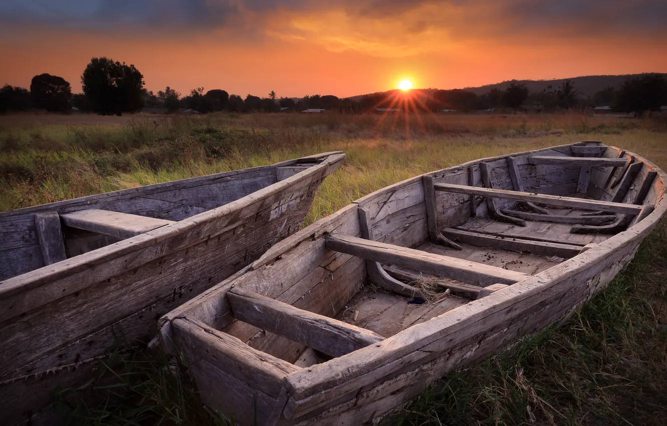Photo wallpaper field, sunset, boat