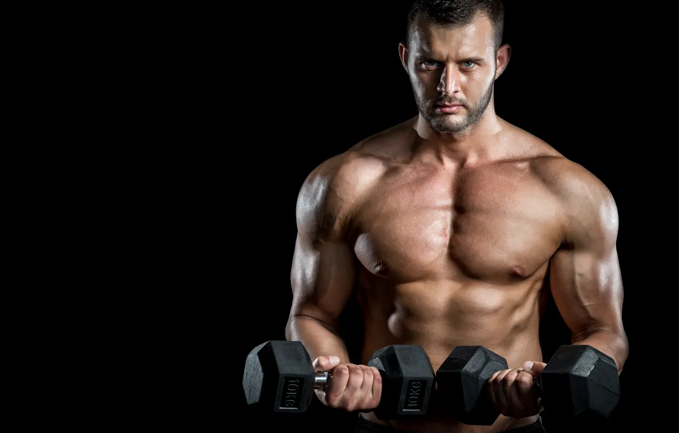 Photo wallpaper pose, muscle, background black, training, athlete, dumbbells, biceps, fitness