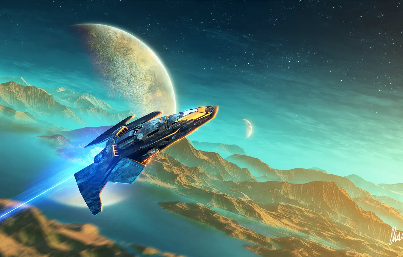 Photo wallpaper fiction, ship, planet, art, sci-fi
