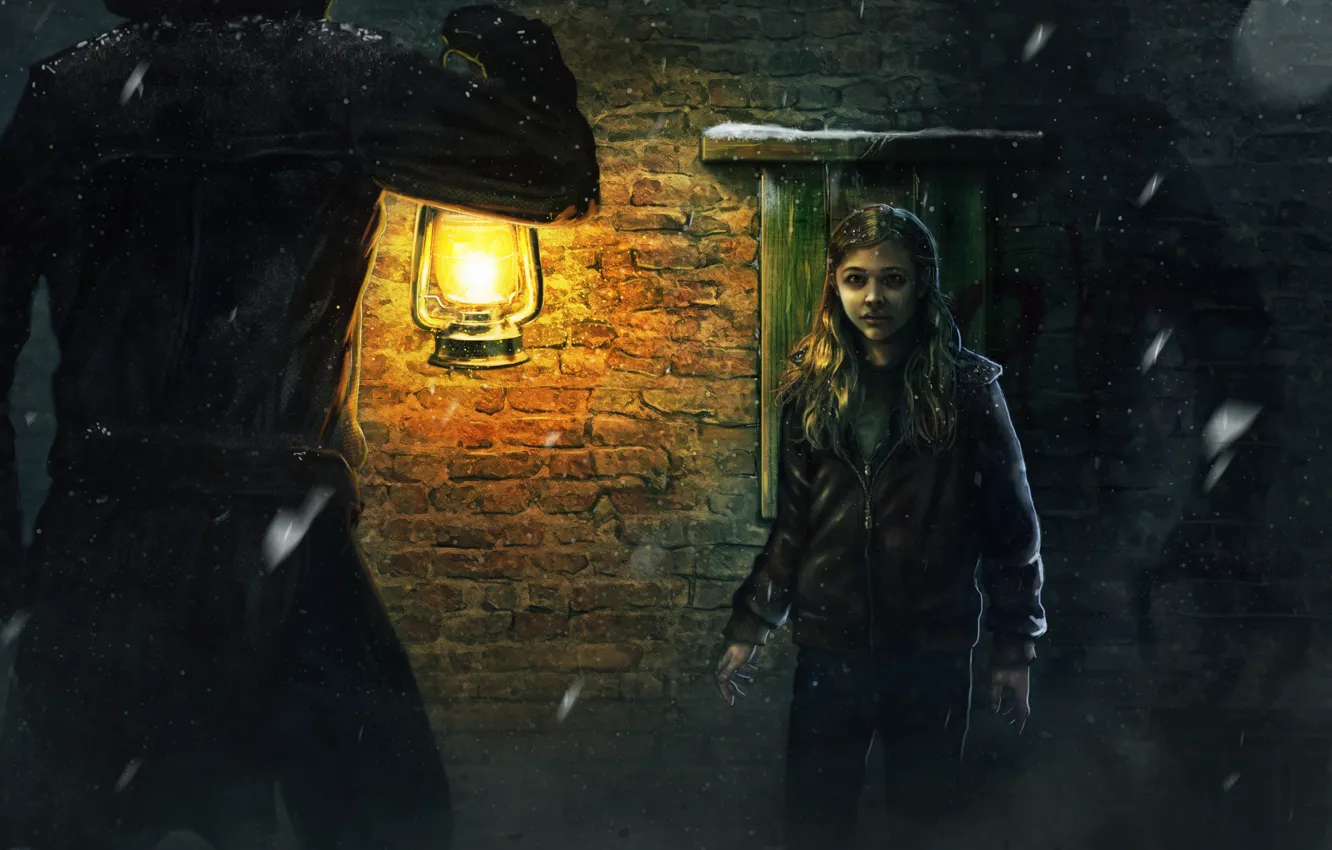 Photo wallpaper girl, dark, lamp, the evening, male, cloak, Chloe, Moretz