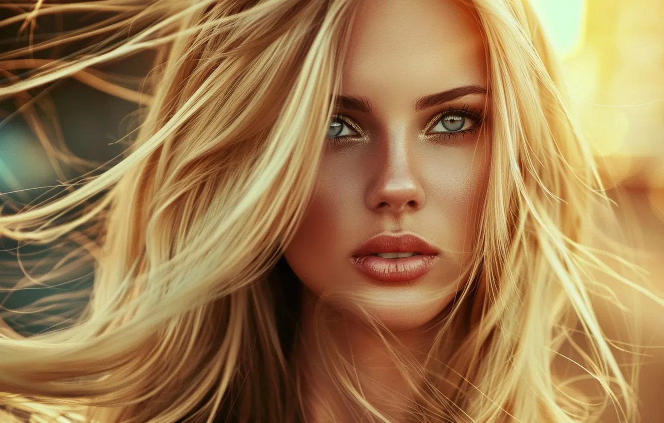 Photo wallpaper look, girl, light, face, makeup, blonde, flowing hair, AI art