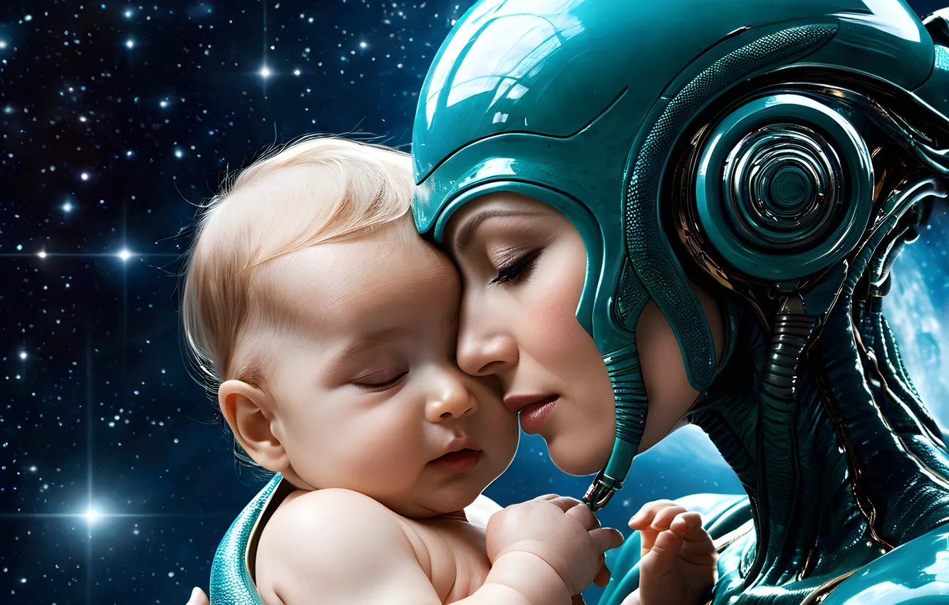 Photo wallpaper girl, children, fiction, robot, cyborg, Android, baby, mother