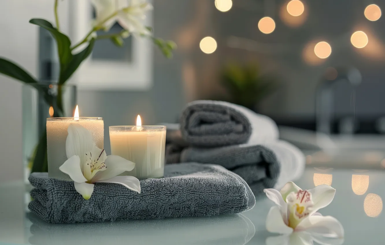 Photo wallpaper light, flowers, glare, grey, flame, towel, candles, vase