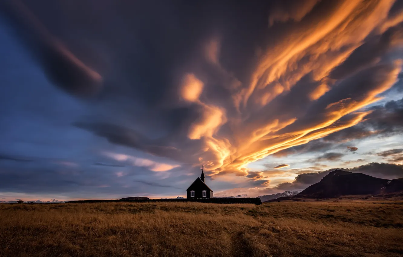Photo wallpaper the sky, clouds, mountains, the evening, Church, temple, Iceland