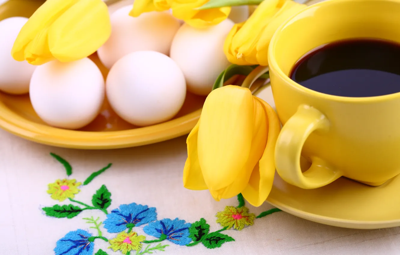 Photo wallpaper coffee, eggs, Cup, tulips, yellow