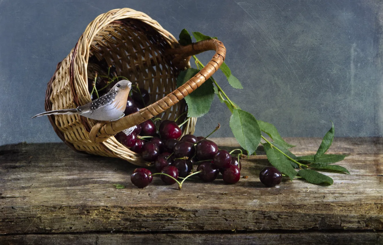 Photo wallpaper leaves, cherry, basket, berry, bird