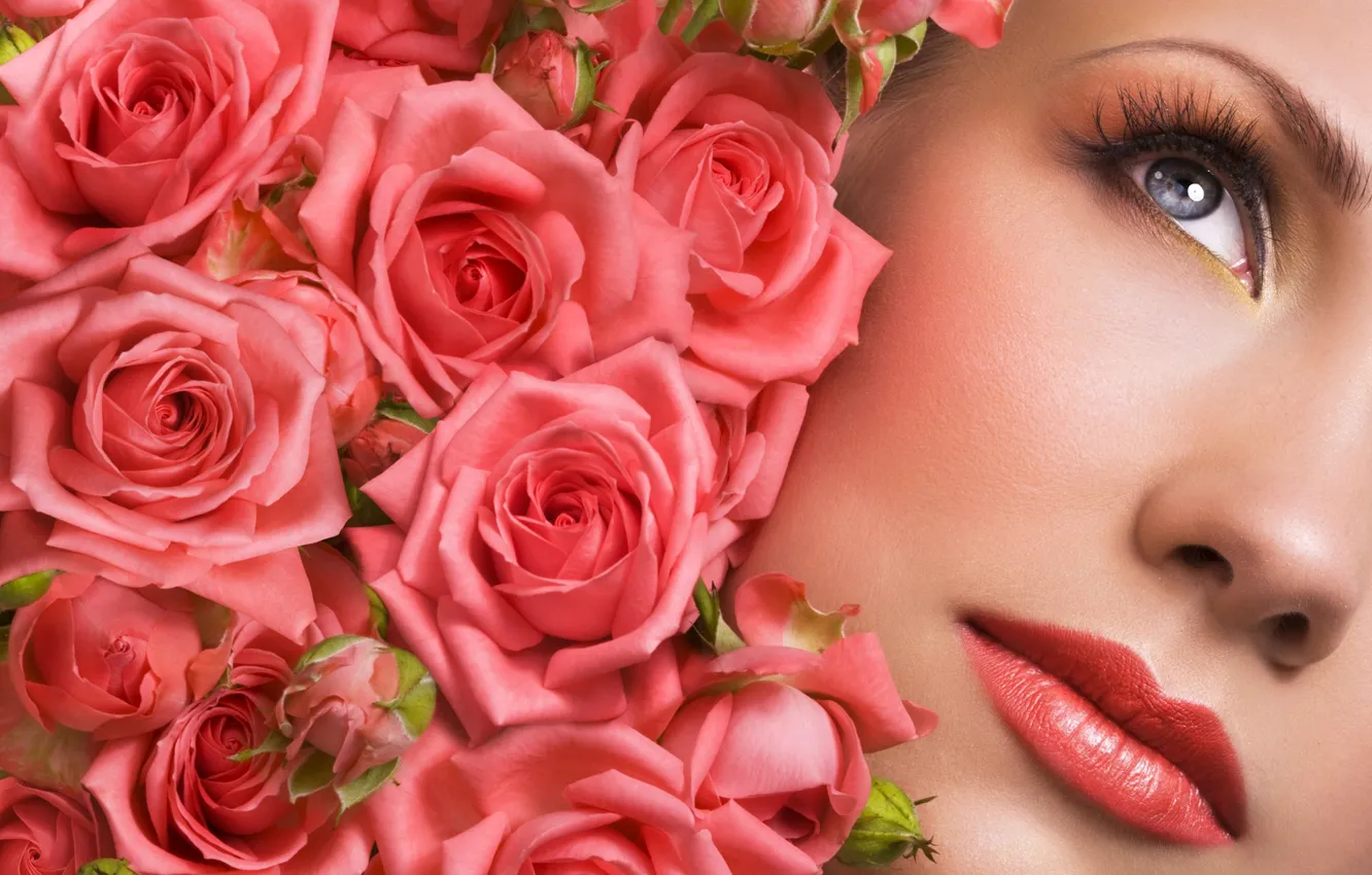 Photo wallpaper macro, flowers, face, model, roses, lipstick, lips