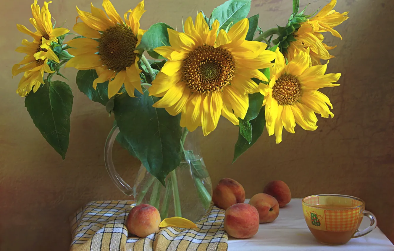 Photo wallpaper flowers, sunflower, Cup, pitcher, still life, peaches
