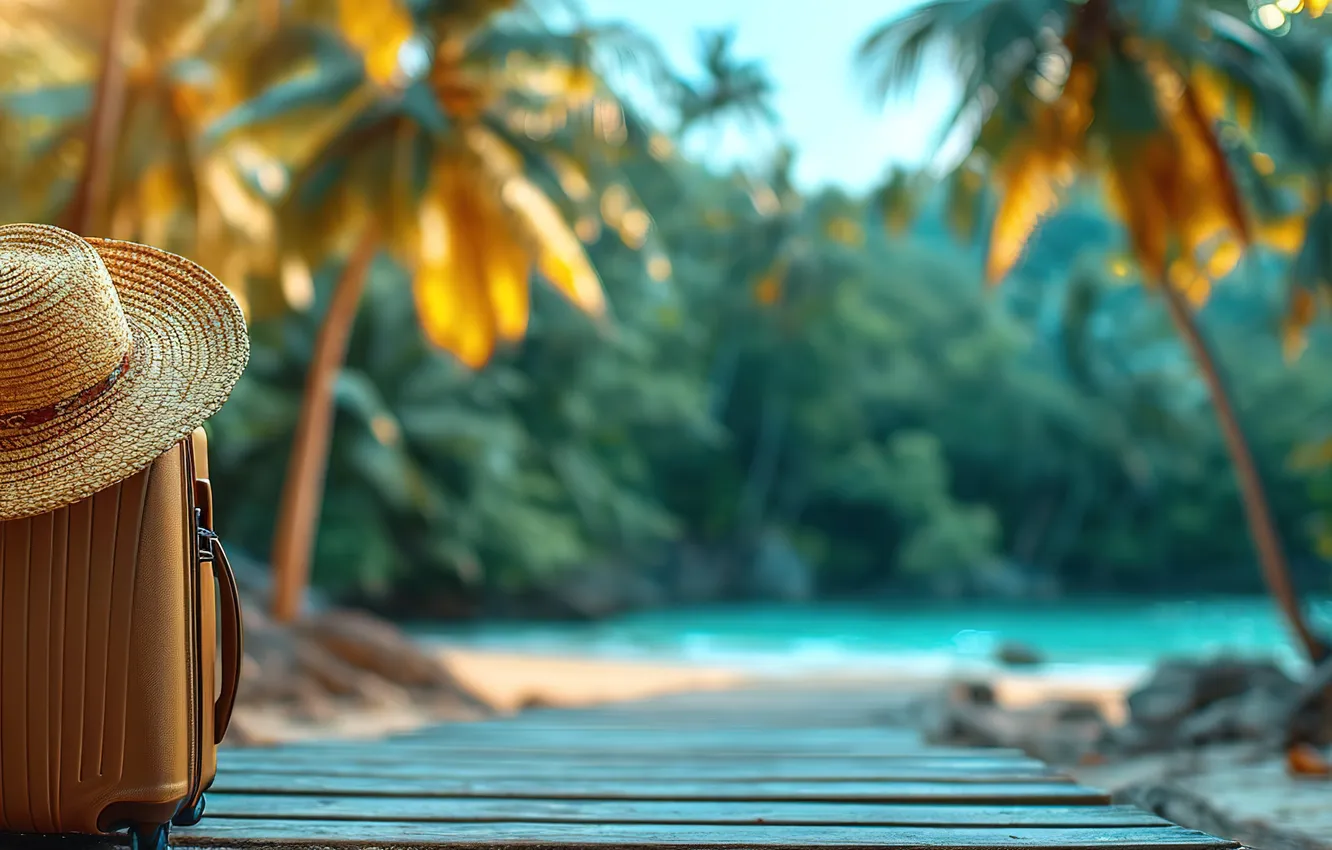 Photo wallpaper sand, sea, wave, beach, summer, the sky, palm trees, shore