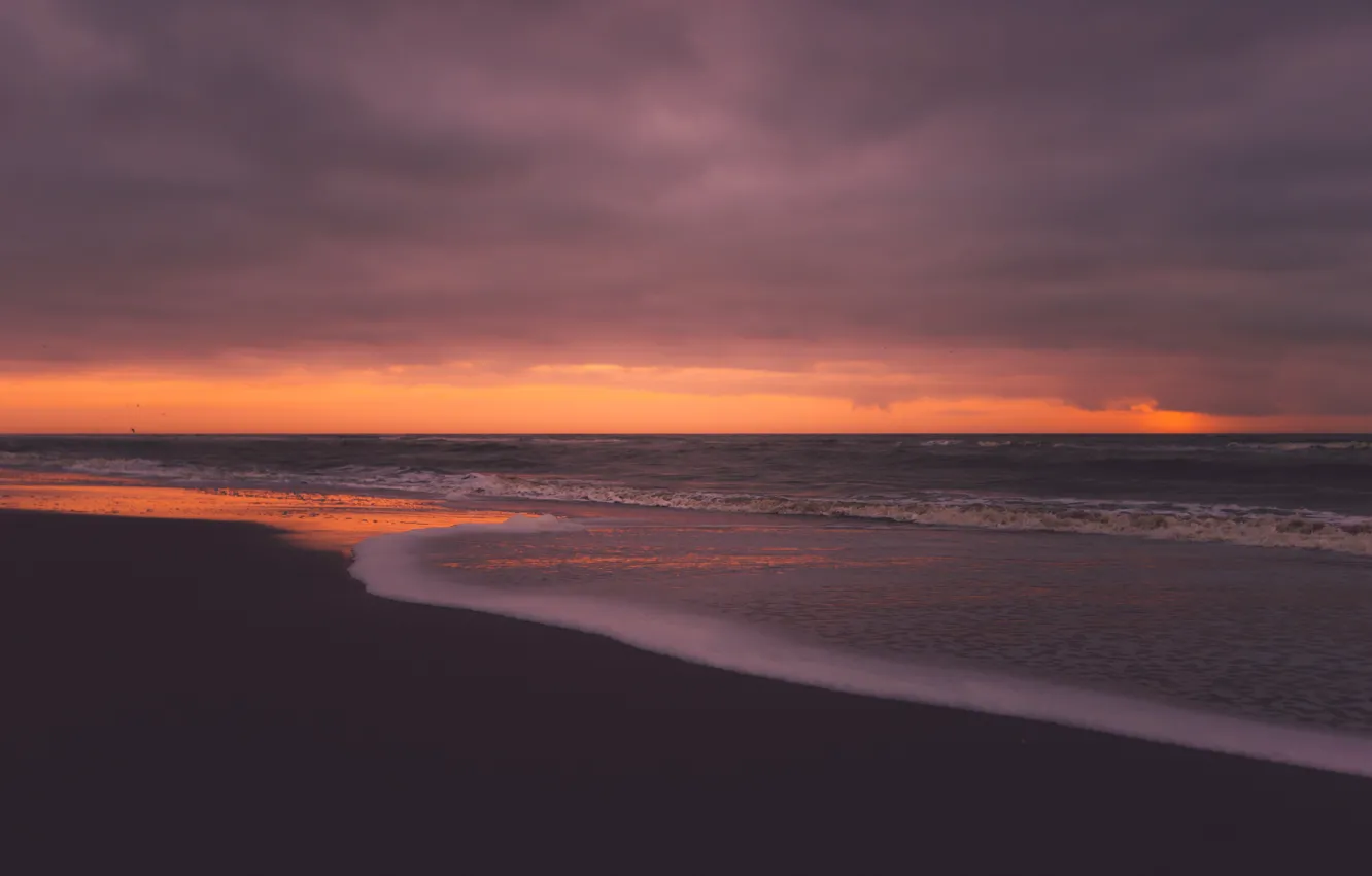Photo wallpaper sand, sea, beach, foam, the ocean, dawn