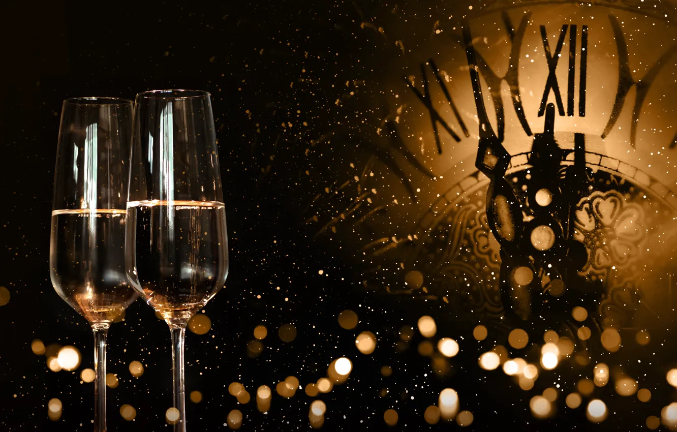 Photo wallpaper night, watch, glass, tree, new year, champagne, 2018, New Year