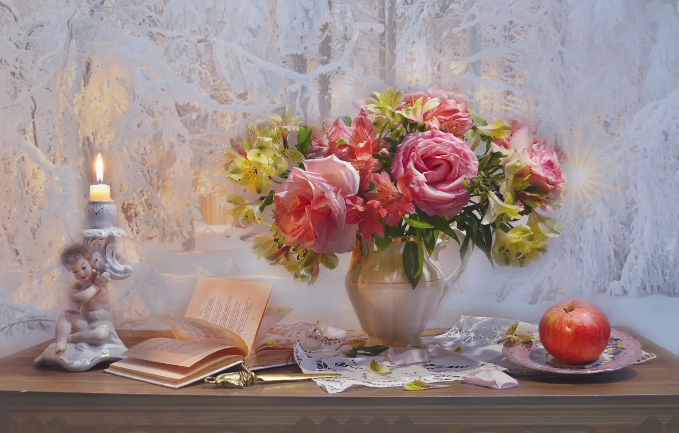 Photo wallpaper flowers, style, Apple, roses, bouquet, book, still life, candle holder