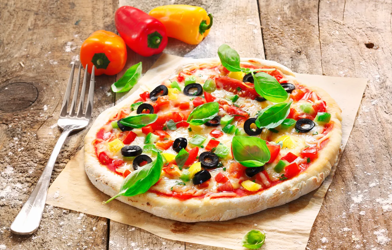 Photo wallpaper cheese, plug, pizza, tomatoes, olives, the dough, peppers