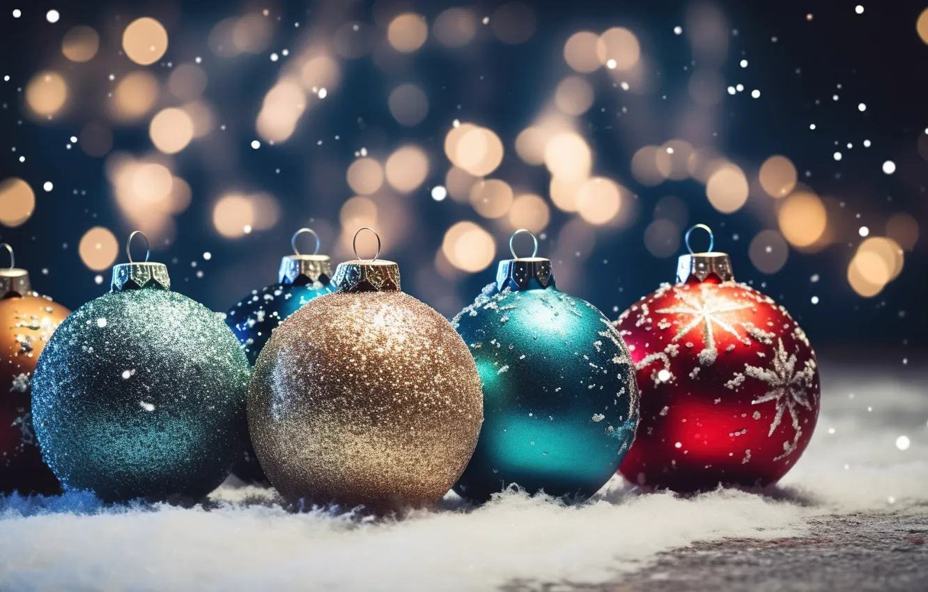 Photo wallpaper winter, snow, decoration, balls, new year, Christmas, Christmas, balls