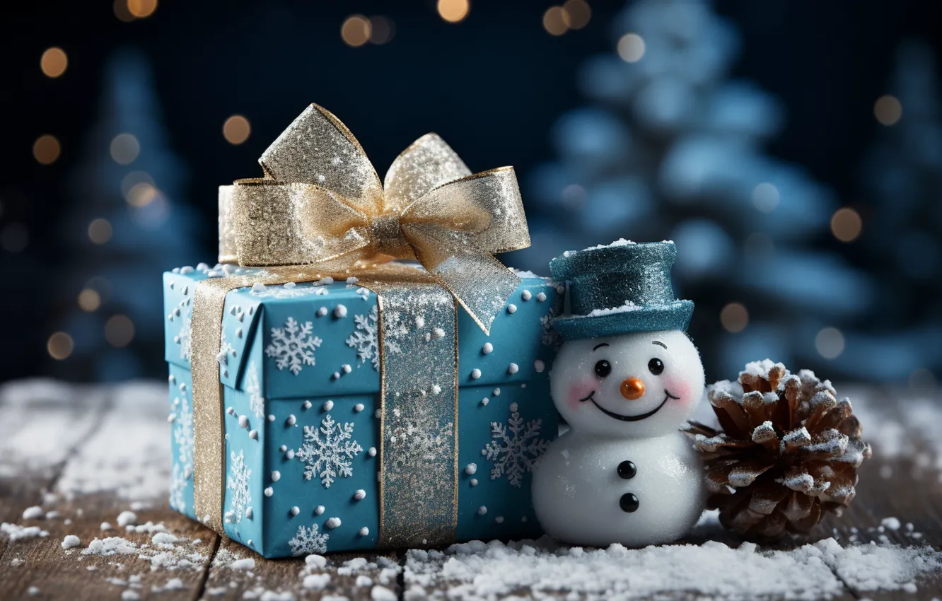 Photo wallpaper winter, snow, decoration, snowflakes, New Year, Christmas, gifts, snowman