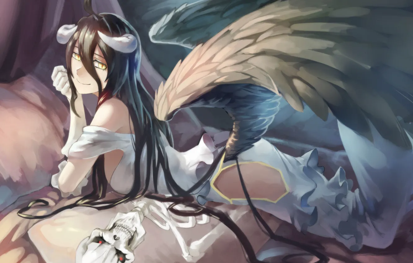 Photo wallpaper girl, wings, horns, Overlord, anime, art, albedo