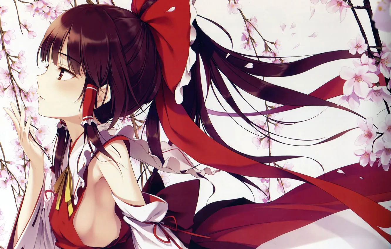 Photo wallpaper girl, flowers, Sakura, art, profile, bow, touhou, Hakurei Reimu