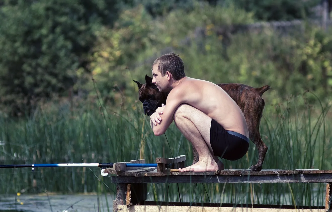 Photo wallpaper lake, fishing, dog, fisherman, male, waiting, spinning, rod