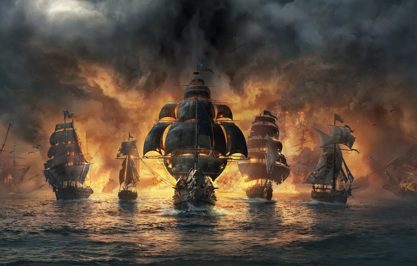 Photo wallpaper fire, ocean, war, clouds, Battleship, Thunder, Battleships