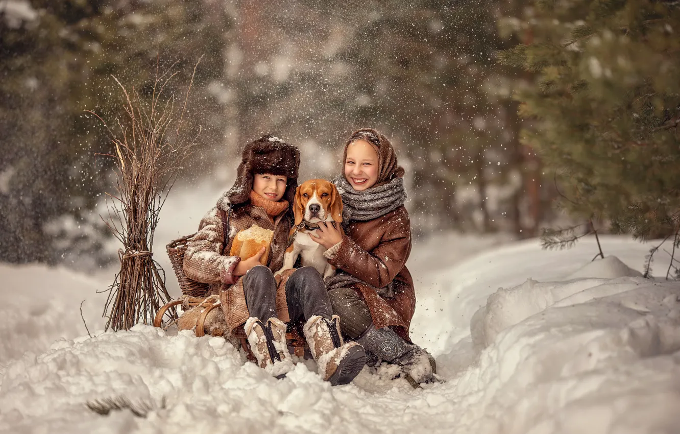 Photo wallpaper winter, children, dog, boy, girl, Elena Chernihiv