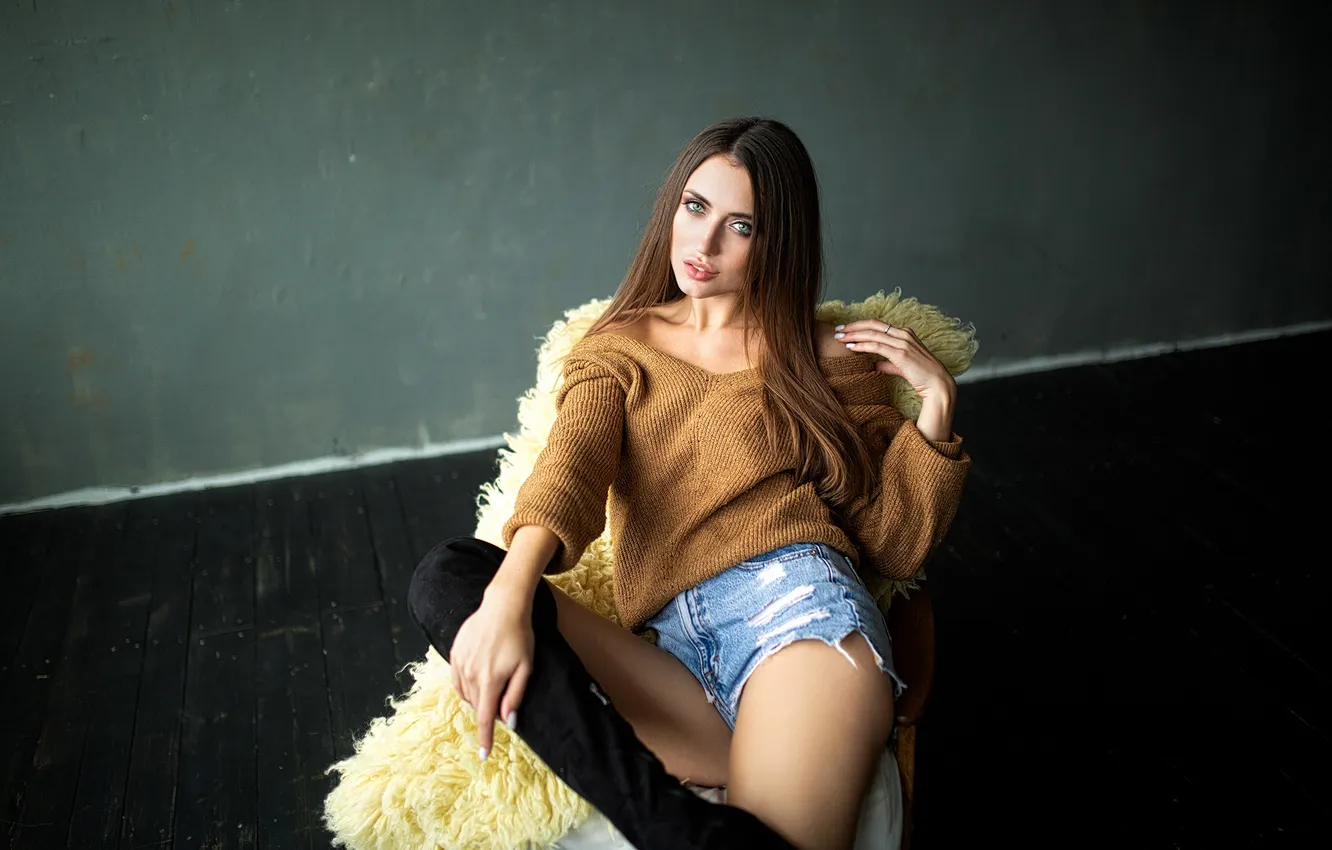 Photo wallpaper girl, green eyes, long hair, model, chair, brunette, sitting, sweater