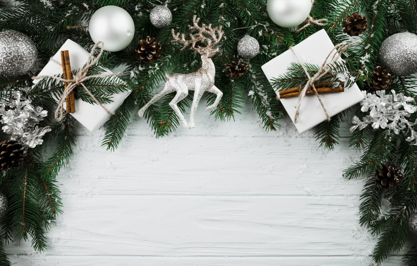 Photo wallpaper balls, tree, New Year, Christmas, gifts, Christmas, balls, wood