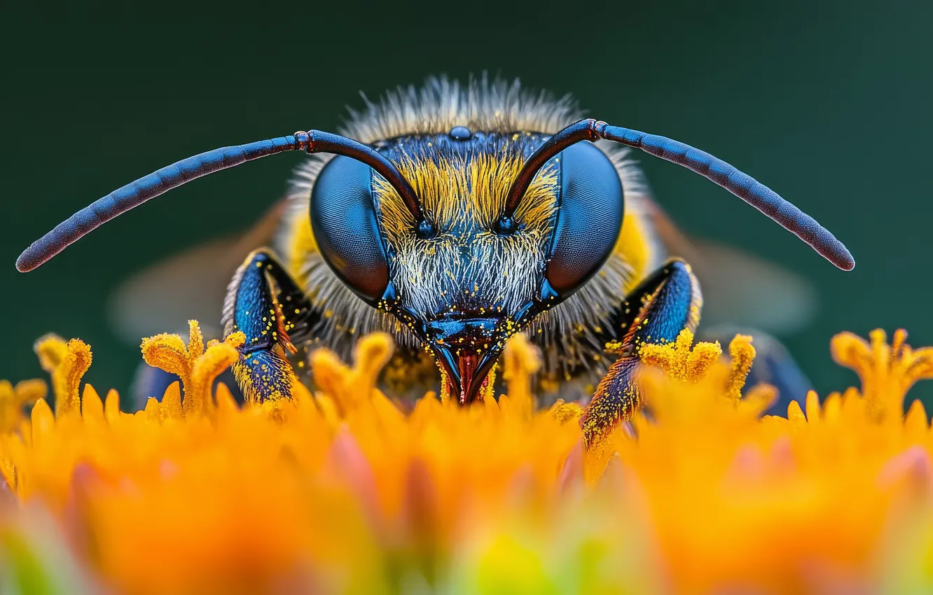 Photo wallpaper macro, flowers, bee, spring, stamens, insect, antennae, pollination