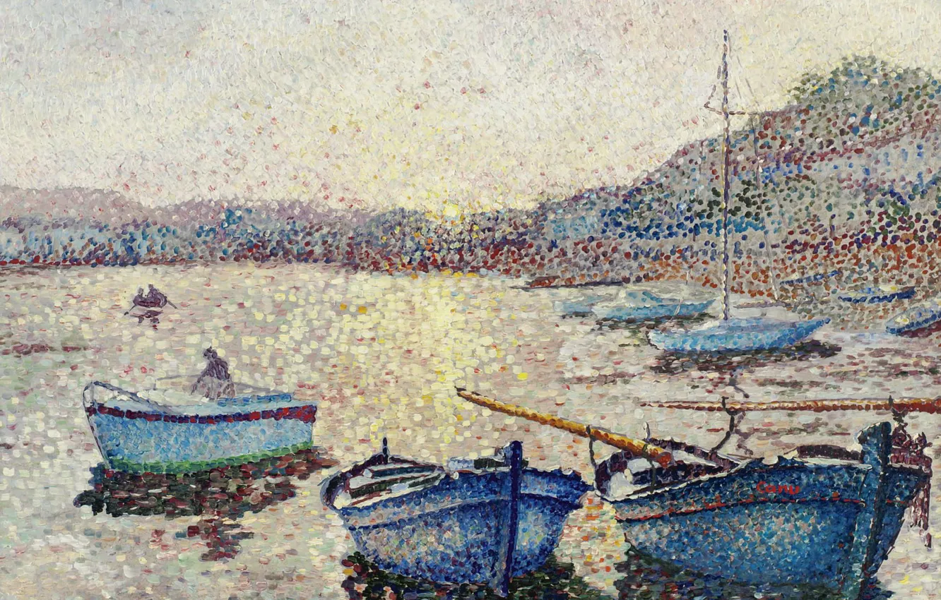 Photo wallpaper sea, boats, pointillism, Yvonne Canu, Yvonne Kahn, The harbour. Sunset