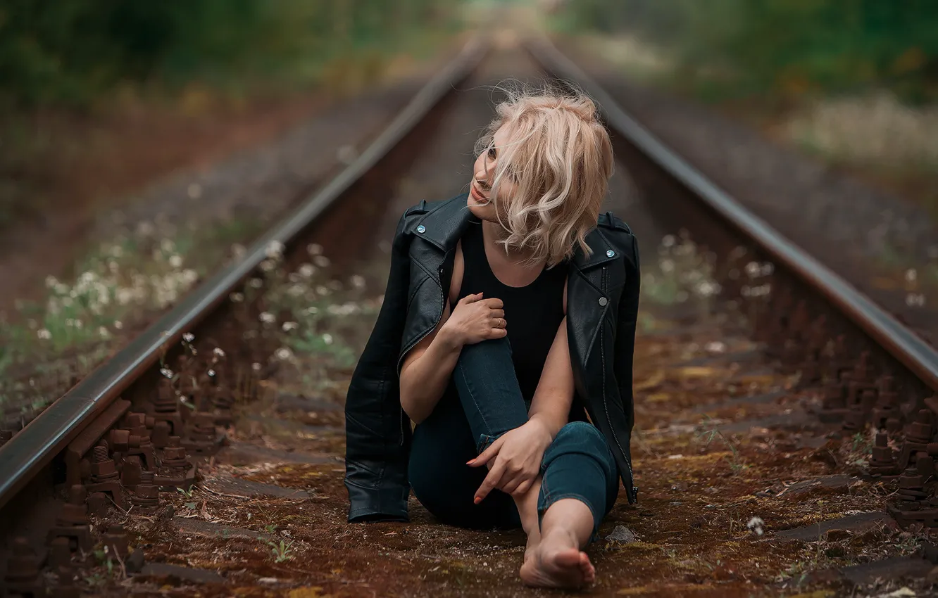 Photo wallpaper look, girl, pose, photo, jacket, railroad, Liutauras Paskevicius