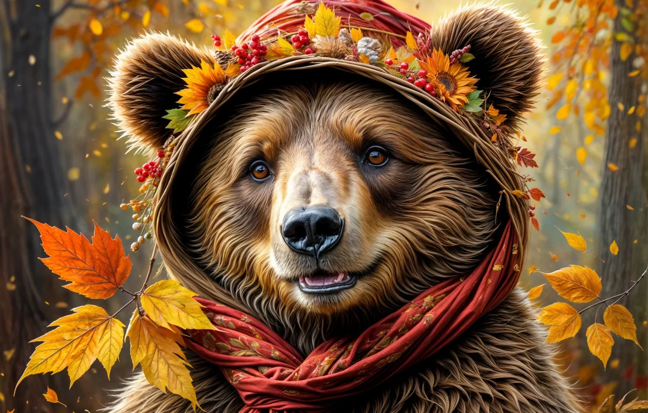 Photo wallpaper autumn, leaves, bear, shawl, brown bear
