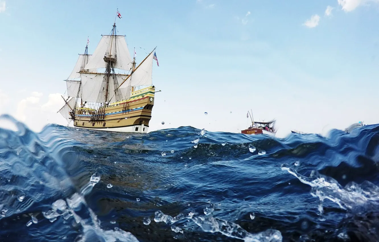 Photo wallpaper wave, water, squirt, the ocean, boat, ship, sailboat, out of the water