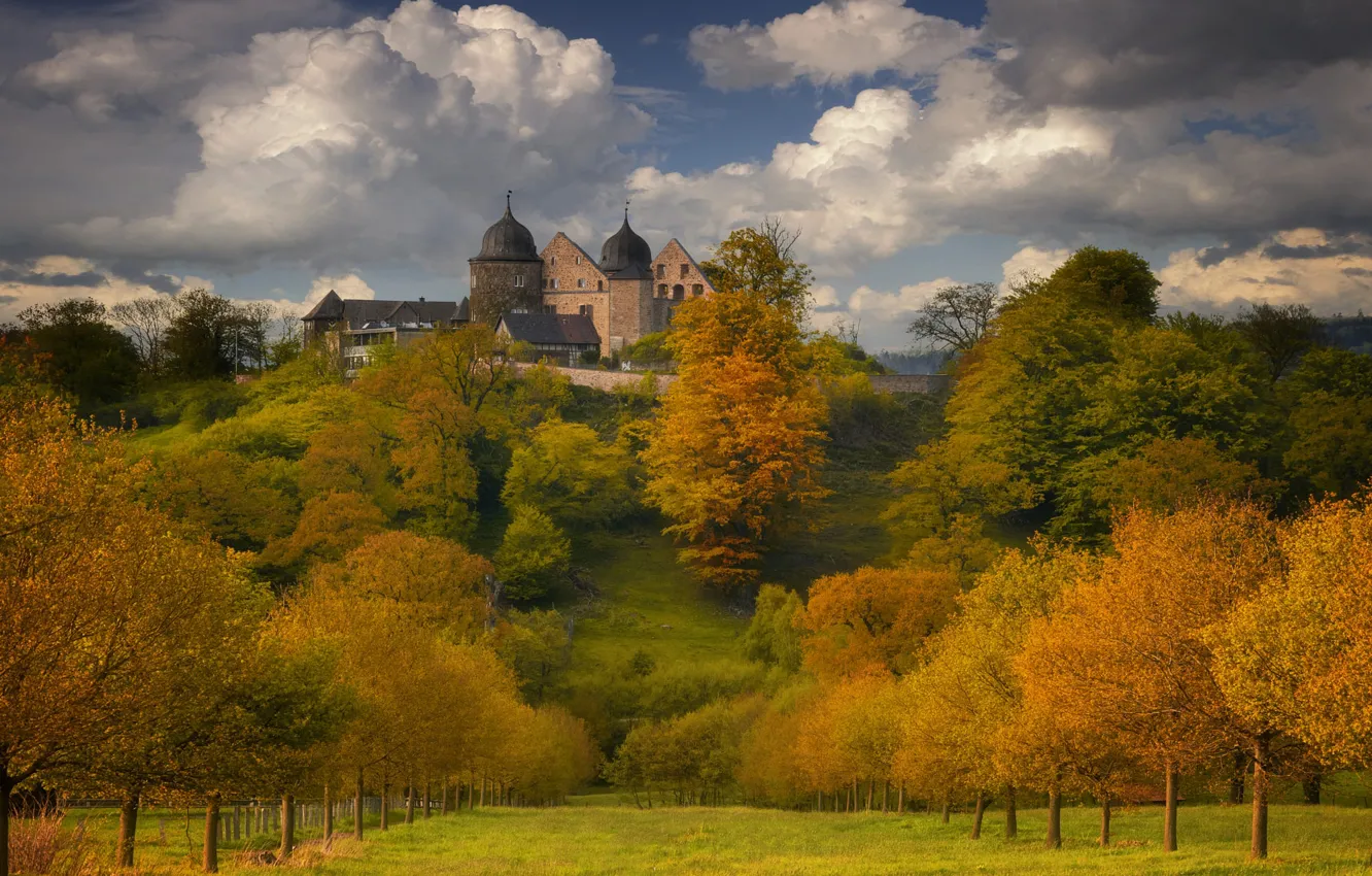 Photo wallpaper field, autumn, forest, the sky, clouds, trees, mountains, castle