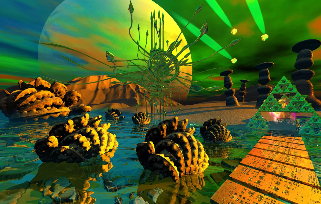 Photo wallpaper lights, the world, planet, pyramid, a product of the mind