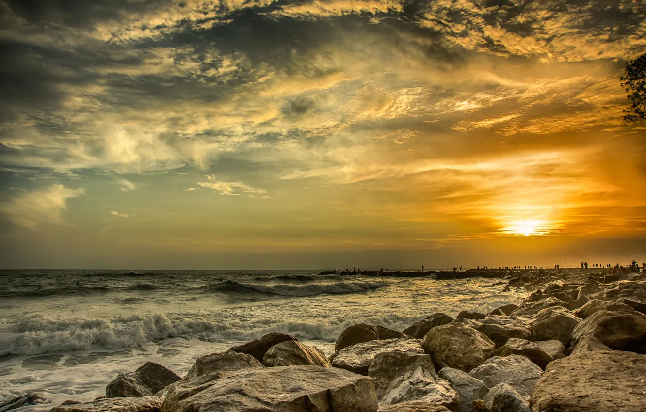 Photo wallpaper the sky, clouds, sunset, nature, stones, the ocean