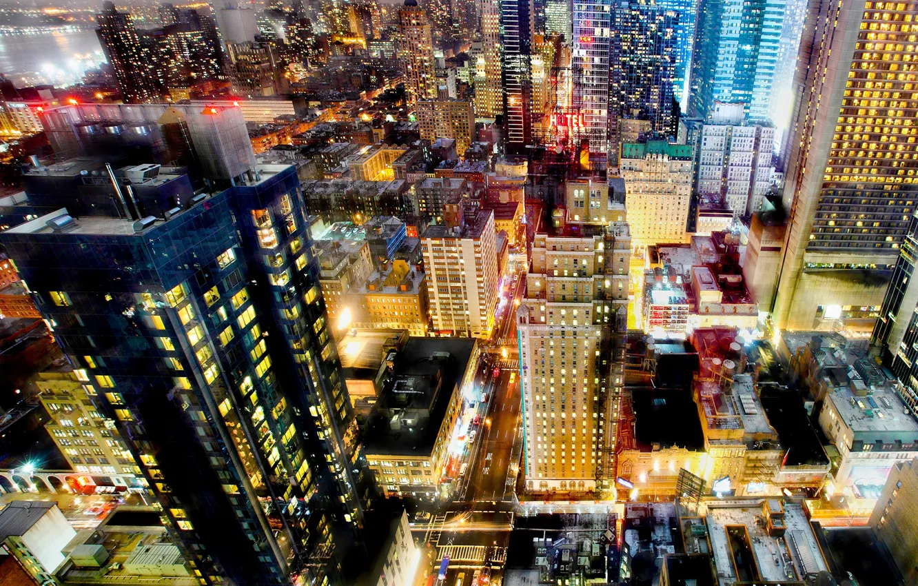 Photo wallpaper lights, home, New York, USA, skyscrapers, megapolis, the view from the top, street