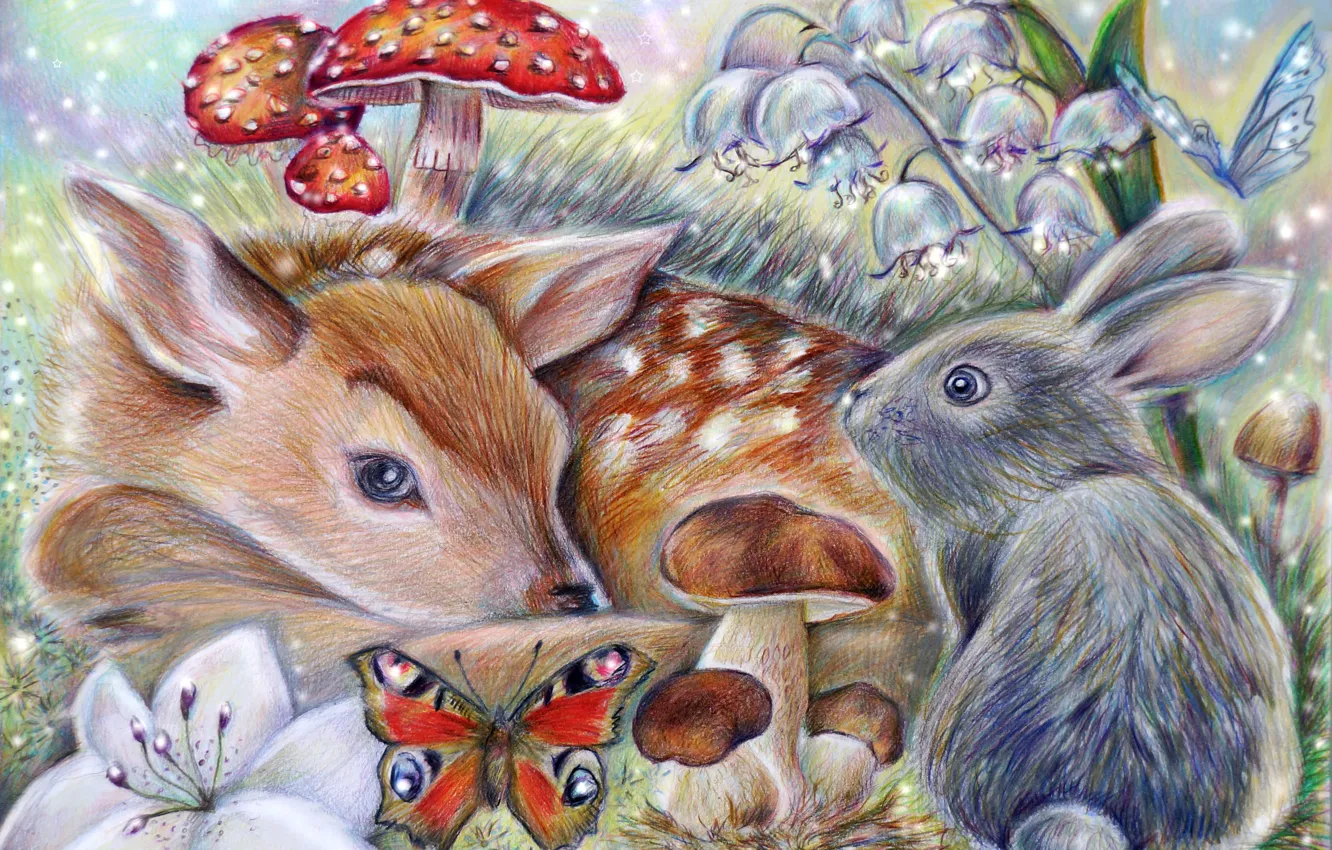 Photo wallpaper butterfly, mushroom, rabbit, art, Bambi, thumper, the little fawn Bambi