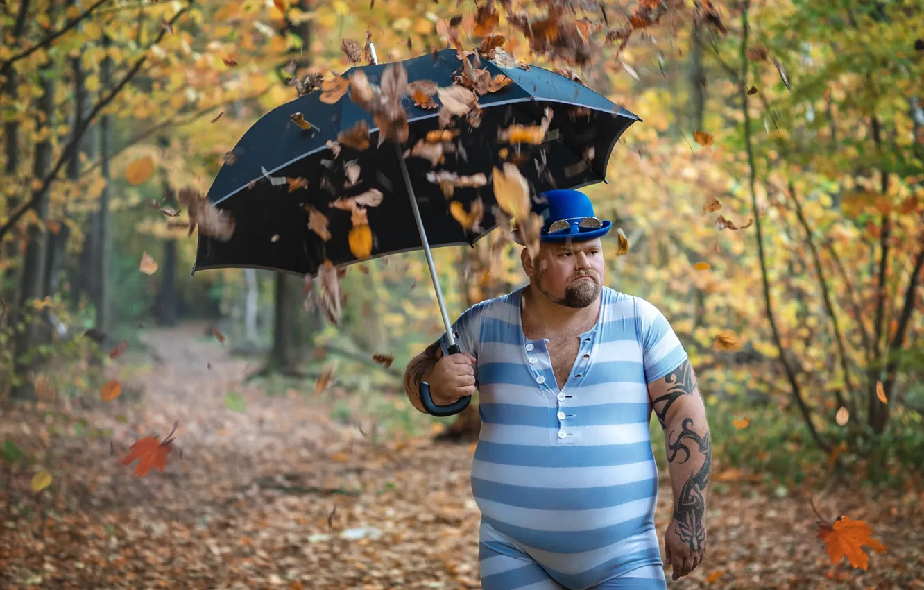 Photo wallpaper autumn, leaves, umbrella, tattoo, male, falling leaves, fat, tights