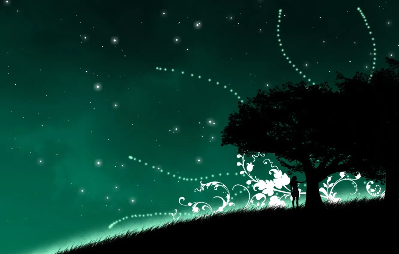 Photo wallpaper girl, trees, green, vector